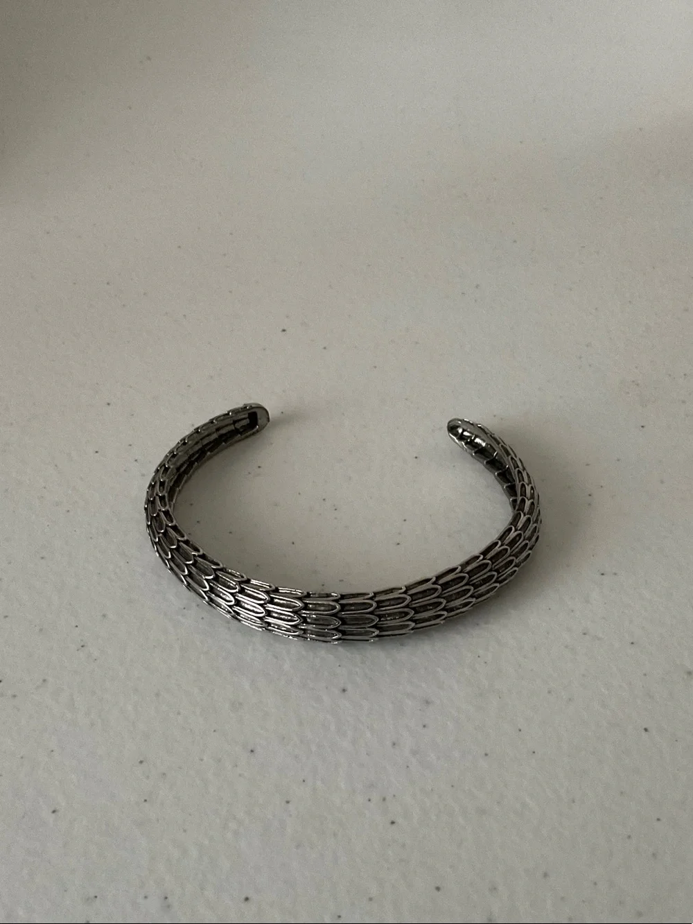 Textured Silver Tone Dragon ScaleOpen Cuff Bracelet